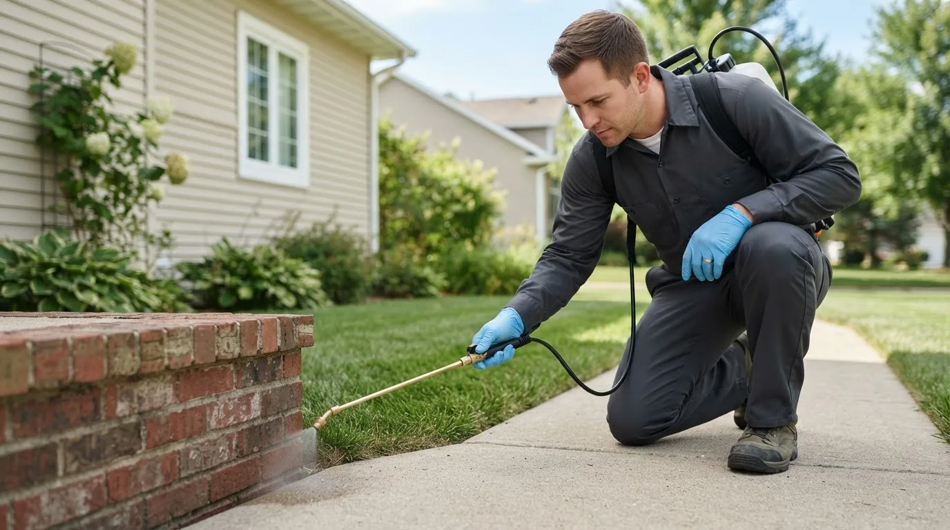 Pest control technician treating a home near Vandalia, OH